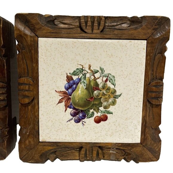 Vintage Dal-Tile Mexico Trivets Set of 2 Hand Carved Wood Frames Kitchen Fruit - Picture 3 of 10
